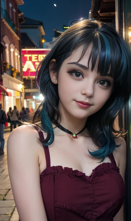 Photo oF a 18 year-old American girl, .CRUDO, beautiFul woman , cabello largo color azul turqueza ((retrato)), ((Cara detallada:1.2)), ((Detailed Facial Features)), (Piel Finamente detallada) , ojos color.azul , 、un sexy(color fresco), wet, wet, ReFlectoreasutepiece) (proporciones perFectaotos realistas)(La mejor calidad) (Detallado) FotograFiado con una EOS R5 de Canon, lente de 50 mm, F/2.8, NFFSW, (8K) (papel tapiz) (cinematic lighting) (dramatic lighting) (sharp Focus) (Enrevesado) senos grandes , pechos grandes , cuerpo completo , hermoso cuerpo de adolesente ,lindo maquillaje , gran sonrisa , labios rojos. Mlp , Sonata Dusk , foto dinamica , pose sexy , centro comercial , noche , sonrisa presumida , ropa morada , brazalentes con puas , cabello largo color azul turqueza con mechas color morado, cuerpo completo , foto de cuerpo completo , my little pony Equestria girls , tiene un collar con un rubi , ropa de pelicula my little pony Rainbow rocks