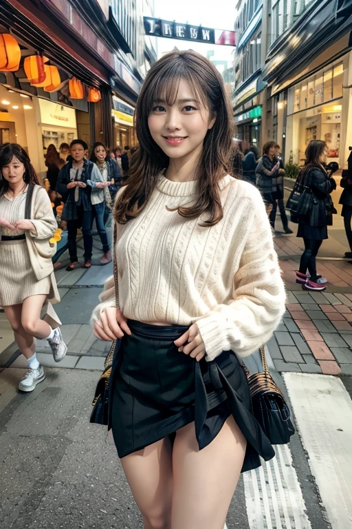 Photorealistic, high-quality 32k photo of a beautiful Japanese girl in a trendy outfit, with detailed eyes and a playful smile, walking through a bustling shopping district. She’s wearing a fashionable jacket over a casual top and skirt, paired with sneakers and a crossbody bag, her hair styled in loose curls. The image captures her full body with the lively streets in the background, emphasizing her vibrant energy and the dynamic urban environment,(Flirtingly lifting her skirt to show her panties:1.3),(stick out butt:1.3) ,