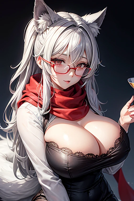 Mommy wolf silver gray hair with very large and huge breasts in a  with a red scarf and glasses, very beautiful and very detailed