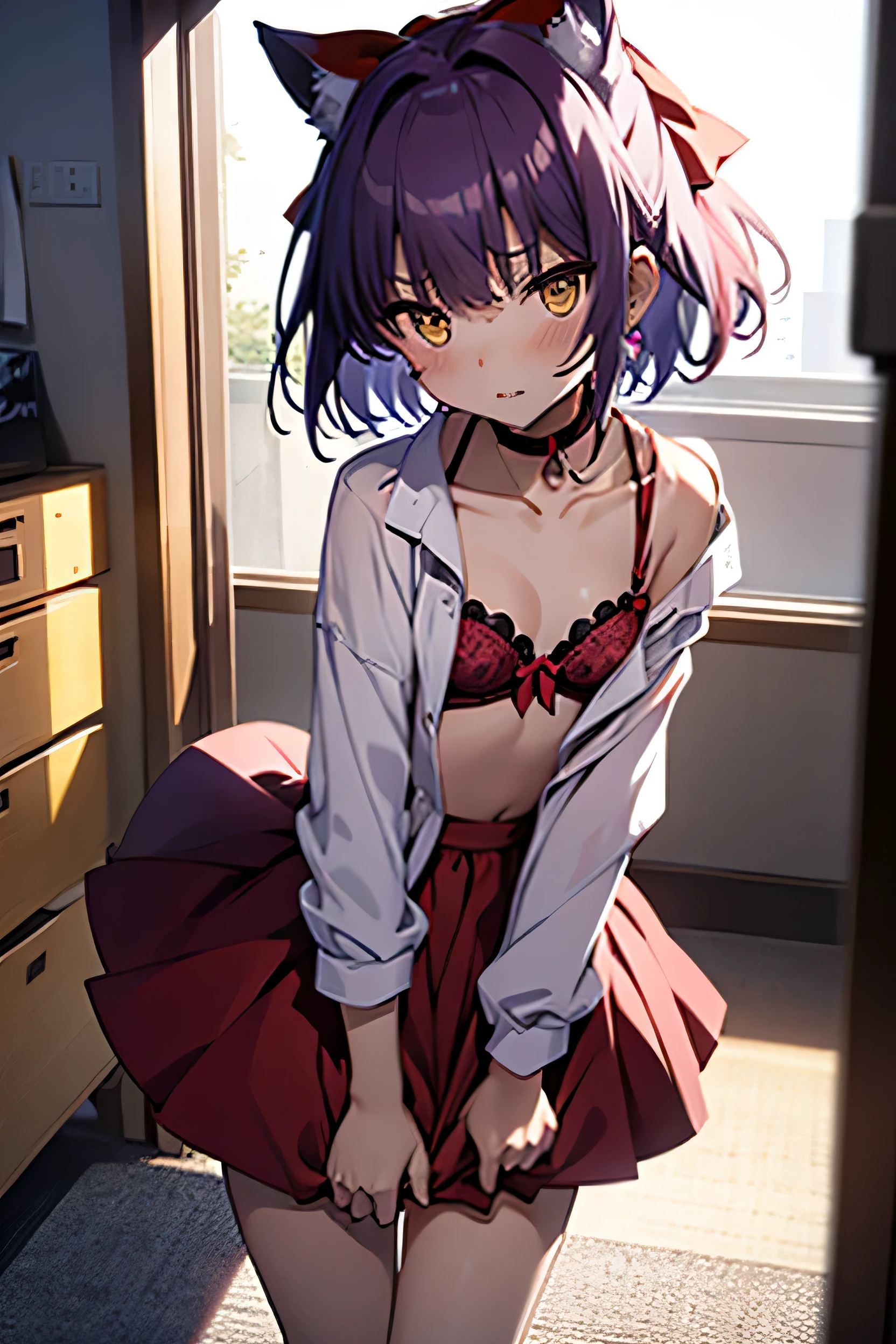 nmm1, nekomusume, nekomusume \(gegege no kitarou 6\), One girl, Purple Hair, Yellow Eyes, alone, Red dress, Red choker, Hair Bow, Pointed Ears, short hair, White shirt, Long sleeve, Red Bow, bangs, clavicle, brooch, jewelry, ,Undressing, Change of clothes, Open shirt, Shirtless, Pink bra, Pink panties, window, Flat Chest, Mouth closed, sunlight, Backlight, whole body