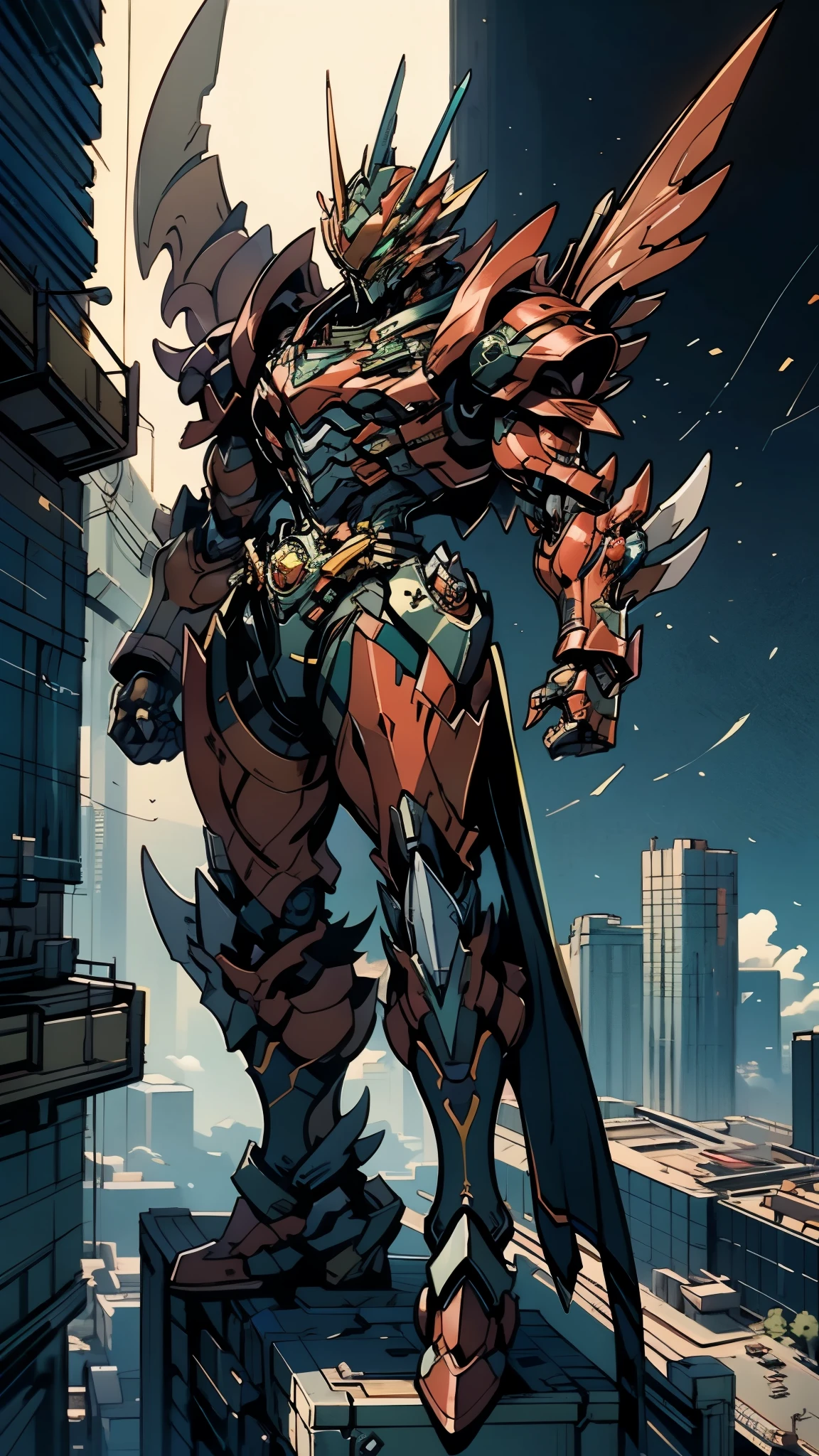 A man wearing a full-face helmet, a fantasy-style biotech armored combat suit, green eyes, (a composite layered chest armor), fully enclosed shoulder guards, matching arm and leg guards, the belt is adorned with fangs biting into orbs, (the color scheme is primarily black with red accents), the design balances heavy with agility, a high-tech bio-mecha armor, (Bat concept Armor, stand on the top of a skyscraper in a futuristic sci-fi city), this character embodies a finely crafted fantasy-surreal style armored hero in anime style, exquisite and mature manga art style, (element, plasma, energy, the armor glows), ((male:1.5)), metallic, real texture material, dramatic, high definition, best quality, highres, ultra-detailed, ultra-fine painting, extremely delicate, professional, perfect body proportions, golden ratio, anatomically correct, symmetrical face, extremely detailed eyes and face, high quality eyes, creativity, RAW photo, UHD, 32k, Natural light, cinematic lighting, masterpiece-anatomy-perfect, masterpiece:1.5