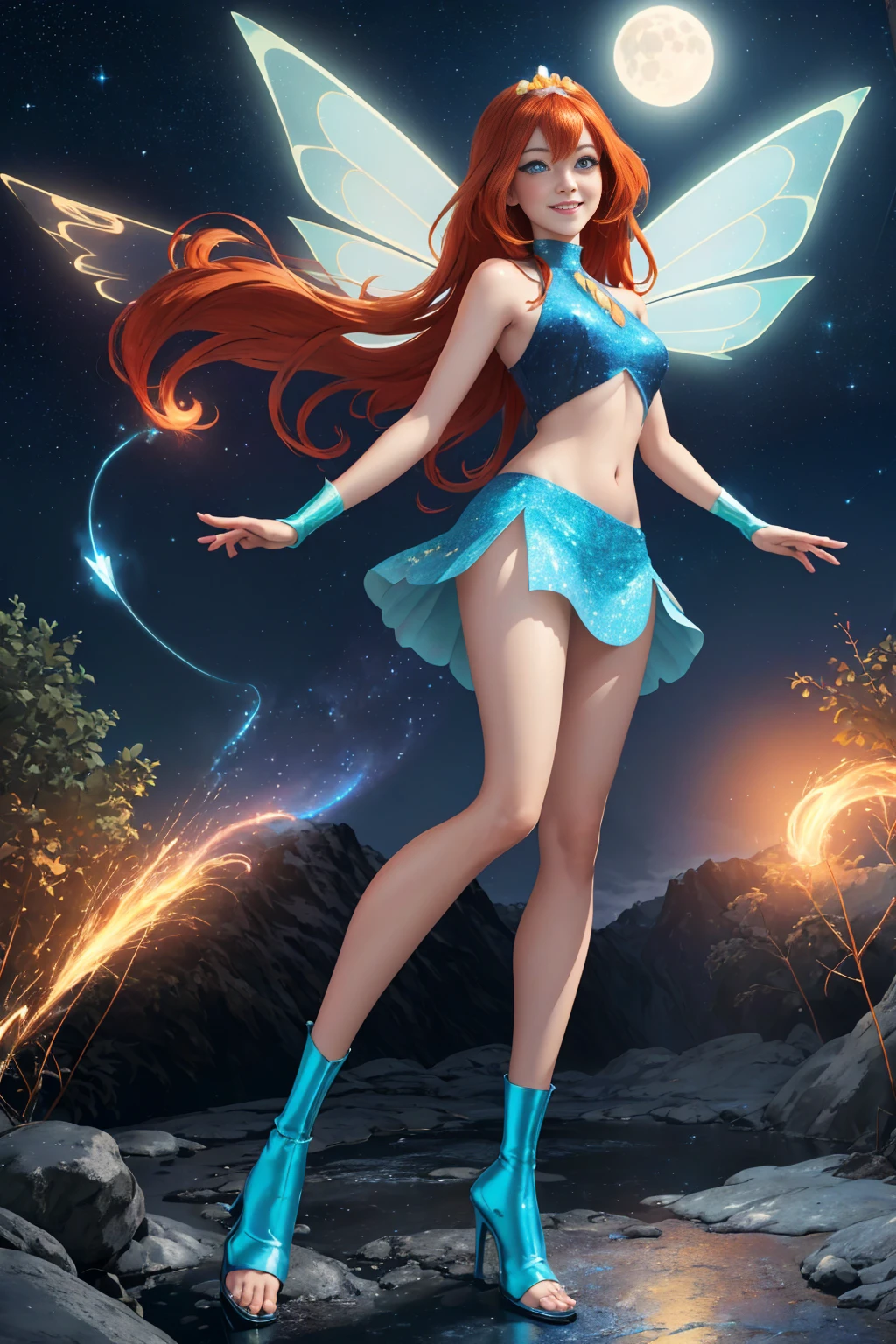 ((Full body photo, standing, feet on the ground)) ((masterpiece)), (best quality), official art, extremely detailed CG, unity 8k wallpaper, ultra detailed, highly detailed, detailed background, vivid color, photorealistic, perfect lighting, best illumination, 32k,
Bloom, (orange hair, blue eyes, bangs, long hair), (fairy outfit), (blue croptop, sleeveless, blue skirt, sparkling clothing, fairy wings, tiara), smile, happy, full-body-shot,
neon lighting, dark romantic lighting, gradients, dynamic pose,
moon, night, forest, mountain, stream,