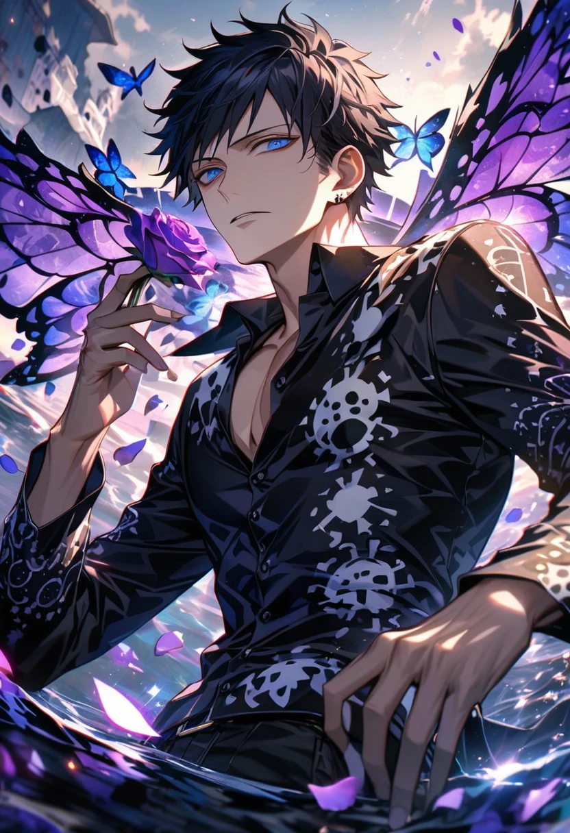 Ultra detailed, HDR, Highres, absurdres, master piece, Trafalgar D Water Law, black hair, expressive blue eyes, black clothes with patterns, One Piece, purple glittering butterflies, purple ice, petals, purple ice roses, sexy man, solo, extremely detailed face and eyes, handsome, glittering, water,