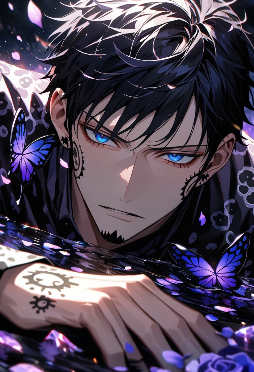 Ultra detailed, HDR, Highres, absurdres, master piece, Trafalgar D Water Law, black hair, expressive blue eyes, black clothes with patterns, One Piece, purple glittering butterflies, purple ice, petals, purple ice roses, sexy man, solo, extremely detailed face and eyes, handsome, glittering, water,