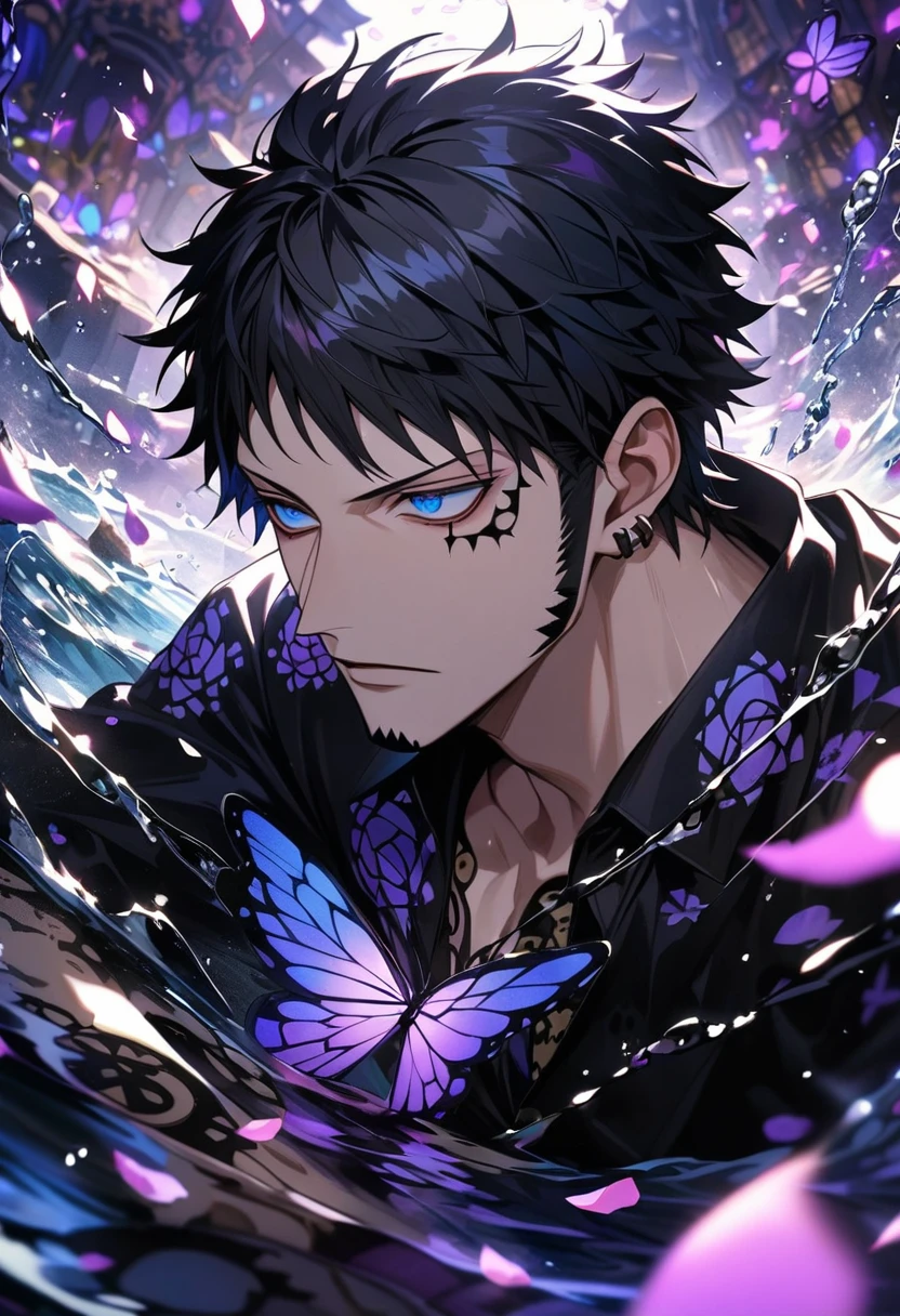 Ultra detailed, HDR, Highres, absurdres, master piece, Trafalgar D Water Law, black hair, expressive blue eyes, black clothes with patterns, One Piece, purple glittering butterflies, purple ice, petals, purple ice roses, sexy man, solo, extremely detailed face and eyes, handsome, glittering, water,