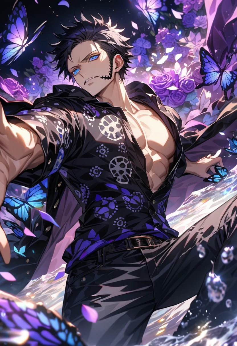 Ultra detailed, HDR, Highres, absurdres, master piece, Trafalgar D Water Law, black hair, expressive grey eyes, black clothes with patterns, One Piece, purple glittering butterflies, purple ice, petals, purple ice roses, sexy man, solo, extremely detailed face and eyes, handsome, glittering, water, toned chest,