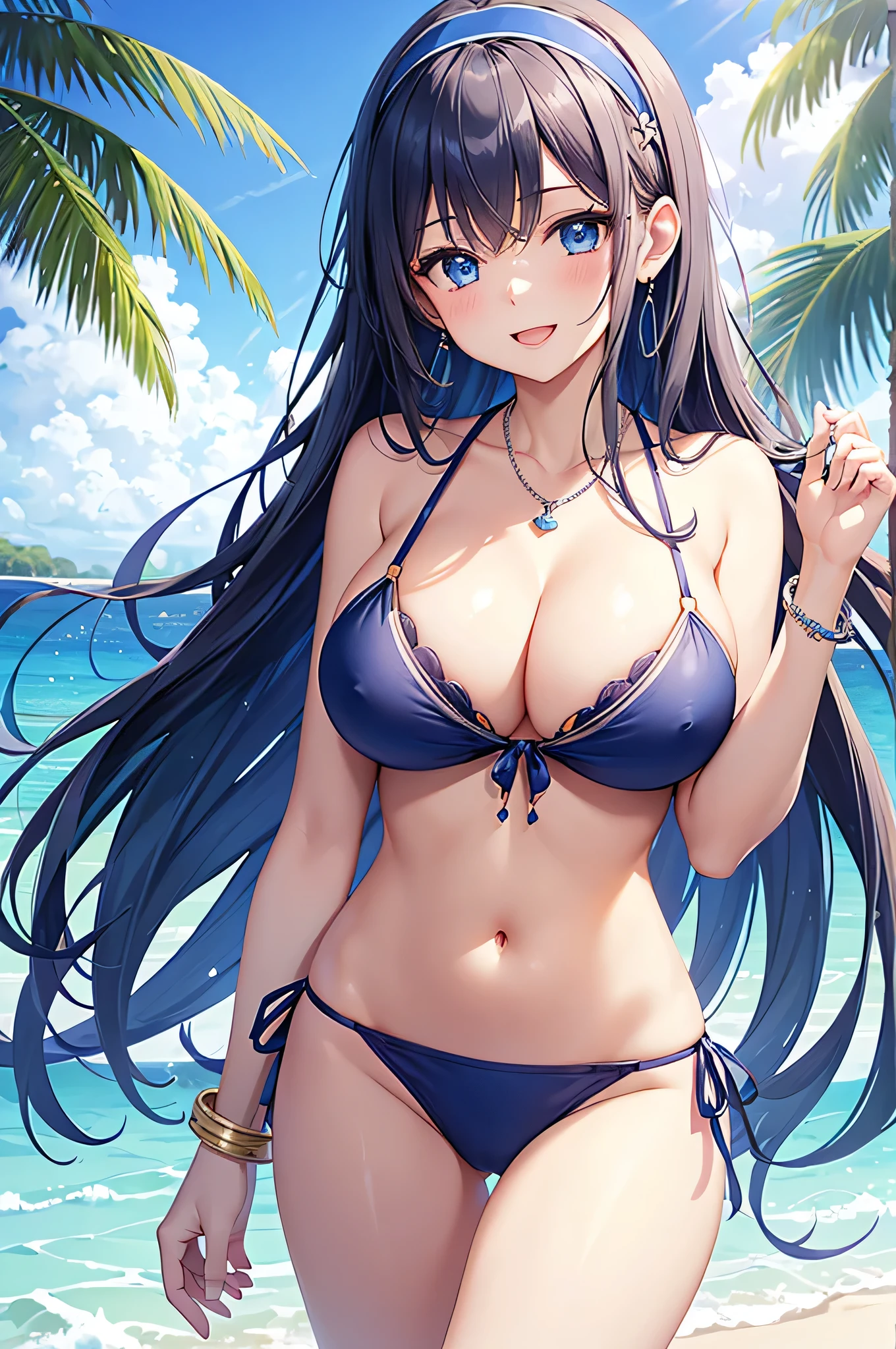 highest quality、Best image quality、masterpiece、beautiful girl、Navy blue long hair、blue eyes、Navy Blue Bikini、Big cleavage、(Big Breasts)、smile、blue necklace、Blue Earrings、background(Beach)、Sexy pose、Please open your mouth wide、White headband、Dynamic Angle、bracelet