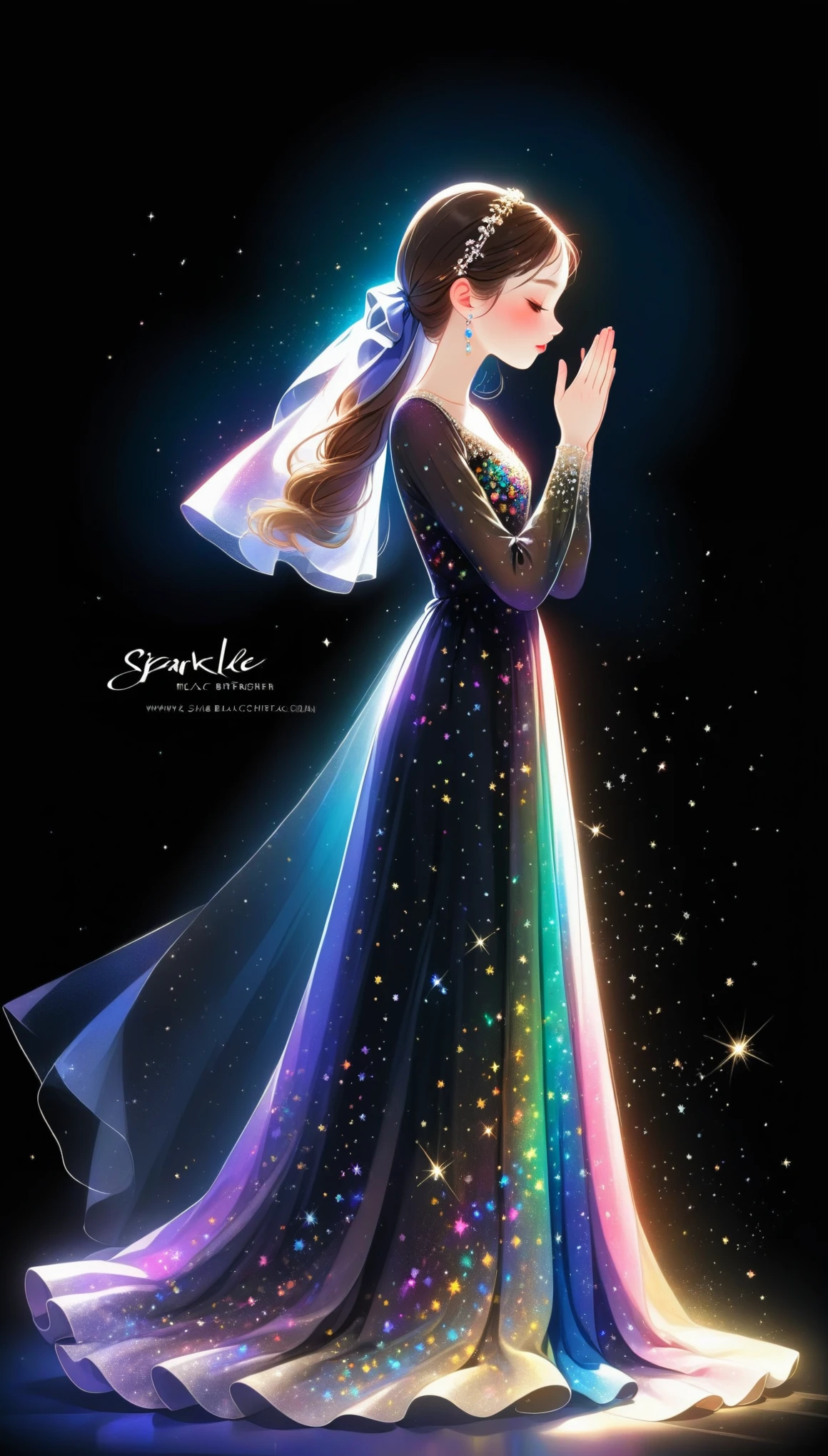 1girl, solo, simple_background, long_sleeves, dress, standing, full_body, closed_eyes, wide_sleeves, from_side, sparkle, copyright_name, colored_skin, own_hands_together, black_background, veil, 1other, colorful,stage,spotlight