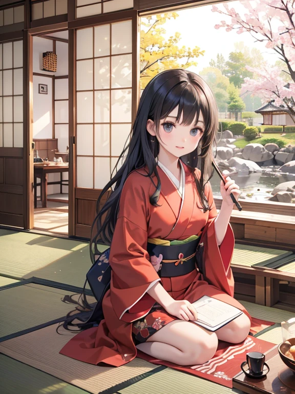 (8k, highest quality, Tabletop:1.2)、One 14-year-old girl, Detailed face, black eye, Black Hair, Long Hair, Kasuri kimono, Kimono based on red, Japanese-style room, Tatami room, Sliding doors, hanging scroll, Japanese cushion, seiza, calligraphy, Holding a brush