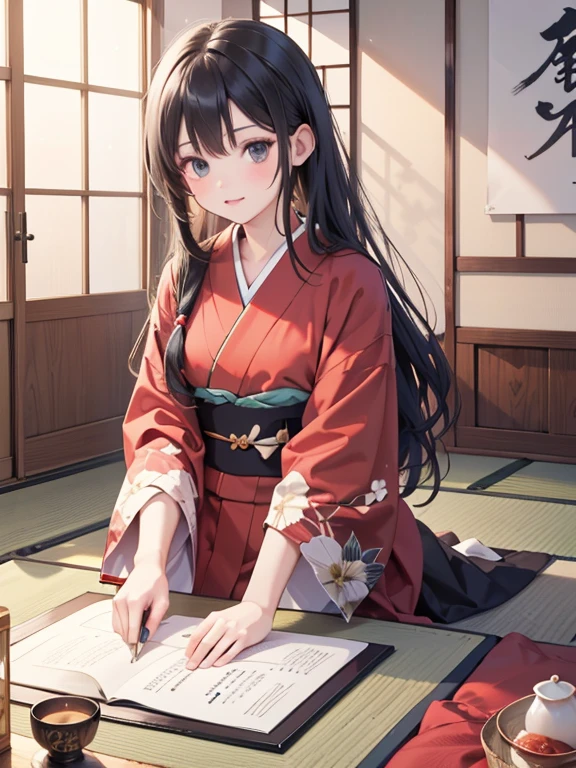 (8k, highest quality, Tabletop:1.2)、One -yeld gi Detailed face, black eye, Black Hair, Long Hair, Kasuri kimono, Kimono based on red, Japanese-style room, Tatami room, Sliding doors, hanging scroll, Japanese cushion, seiza, calligraphy, Holding a brush