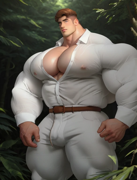 1 boy, giant, model shoot style, looking at viewer, standing, illuminating light, outdoor, strong body, bulk, large size, standing, sunmer, in the forest, wear white shirt & pants, meaty bulge, big, brutalmass, giant, muscular body, bulk, massive body, squishy, large meaty body size