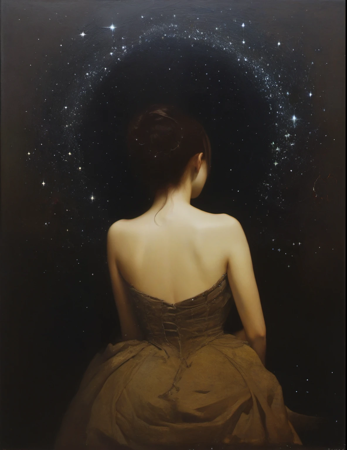 James Gurney, Surrealist art , dream-like, Mysterious, Provocative, symbolic, Complex, detailed,, (Gothic but very beautiful:1.4), (masterpiece, highest quality:1.4) , Nicola Samori Style, Starry Sky、woman、I