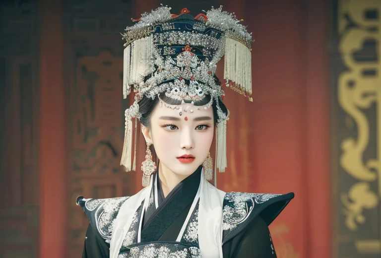 A close-up shot of a woman wearing a black and white dress, with a hat, Chinese empress, traditional Chinese clothing, ancient Chinese princess, extravagant headpiece, Chinese princess, beautiful fantasy queen, extravagant headpiece, traditional Chinese attire, wearing ancient Chinese garments, grand and elaborate headpiece, crown adorned with vibrant feathers, inspired by Li Meishu, with an expression of anger.
(high-quality, 4k,8k, highres, masterpiece:1.2), ultra-detailed, (realistic, photorealistic, photo-realistic:1.37), HDR, UHD, studio lighting, ultra-fine painting, sharp focus, physically-based rendering, extreme detail description, professional, vibrant colors, bokeh.
Art style: portraits, traditional Chinese painting, oriental aesthetics
Color scheme: black and white with vibrant accents
Lighting: soft and warm lighting illuminating the woman's face, emphasizing the details of her expression.