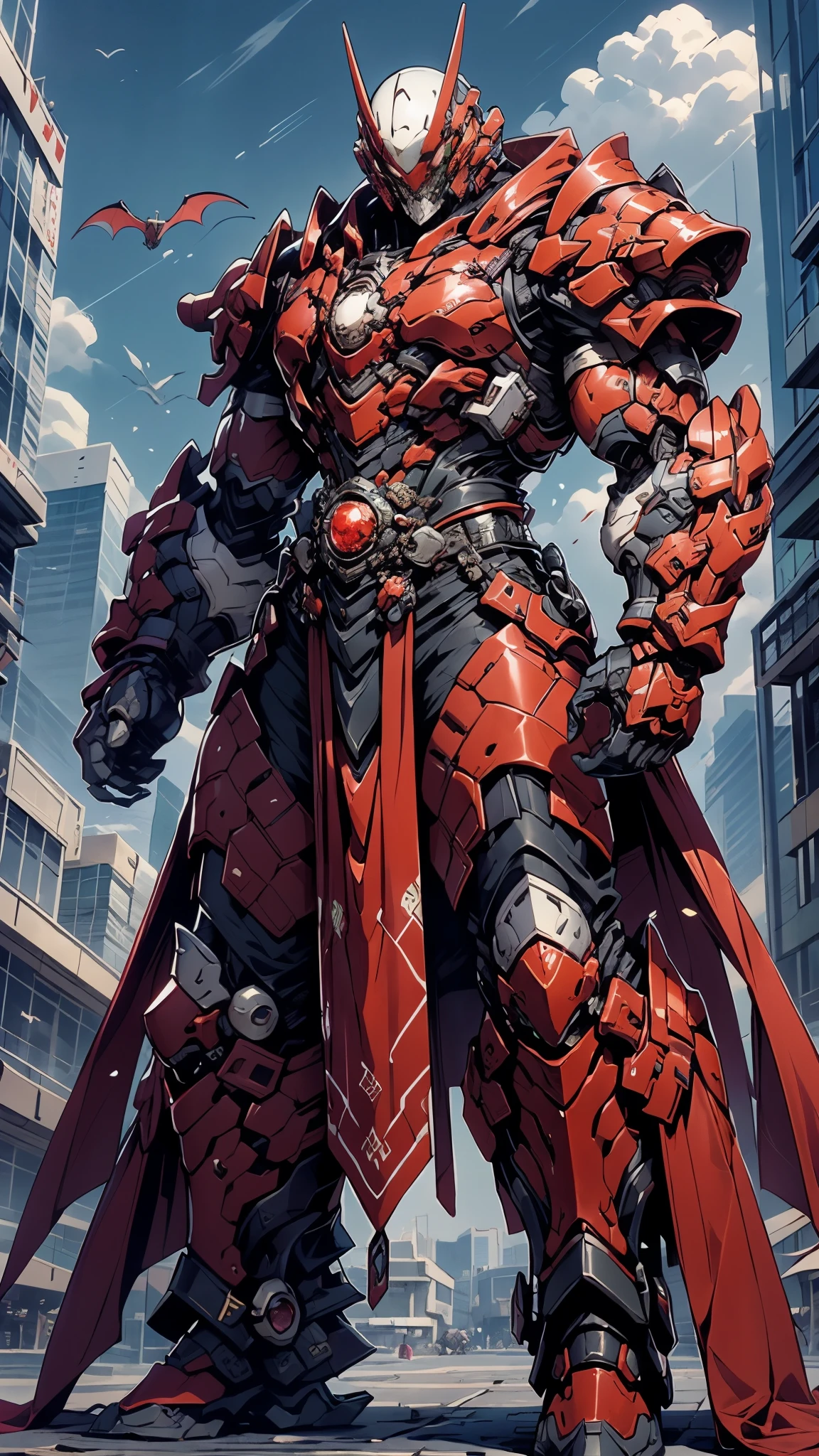 A man wearing a full-face helmet, a fantasy-style biotech armored combat suit, green eyes, (a composite layered chest armor), fully enclosed shoulder guards, matching arm and leg guards, the belt is adorned with fangs biting into orbs, (the color scheme is primarily black with red accents), the design balances heavy with agility, a high-tech bio-mecha armor, (Bat concept Armor, stand on the top of a skyscraper in a futuristic sci-fi city), this character embodies a finely crafted fantasy-surreal style armored hero in anime style, exquisite and mature manga art style, (element, plasma, energy, the armor glows), ((male:1.5)), metallic, real texture material, dramatic, high definition, best quality, highres, ultra-detailed, ultra-fine painting, extremely delicate, professional, perfect body proportions, golden ratio, anatomically correct, symmetrical face, extremely detailed eyes and face, high quality eyes, creativity, RAW photo, UHD, 32k, Natural light, cinematic lighting, masterpiece-anatomy-perfect, masterpiece:1.5