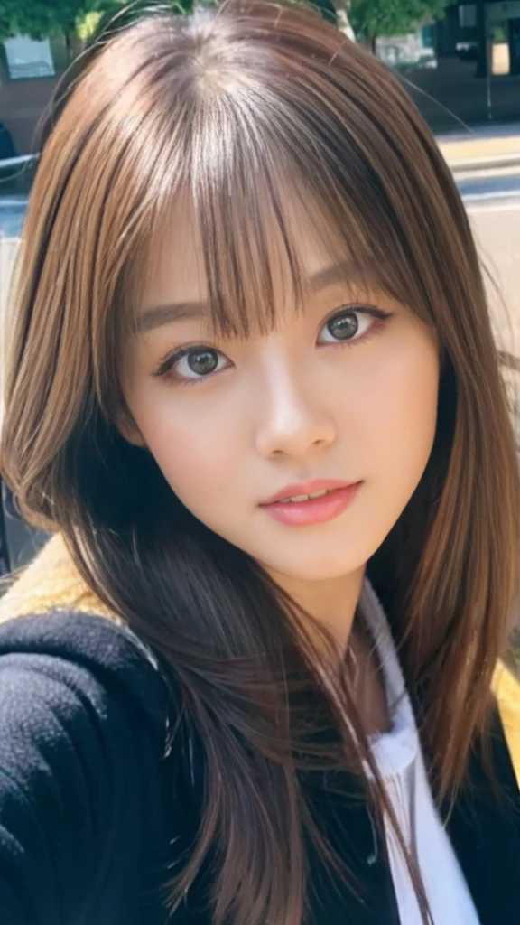 Best quality, 8k,  ,Masterpiece :1.3)), facing viewer,((full body1.2)) ,pretty woman, wide shot ,1girl, , selfie   , , Bus Stop,, brown hair  , bangs,ultra-detailed face, highly detailed lips, detailed eyes, double eyelid