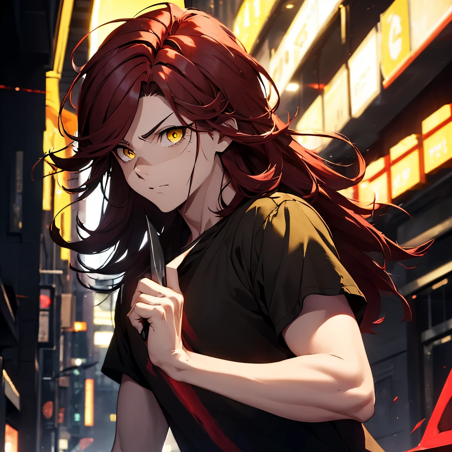 ((Man)), ((dark red hair)), ((messy combed back hairstyle)), ((yellow eyes)), black shirt, defined, glowing eyes, dark background, knifes in hands