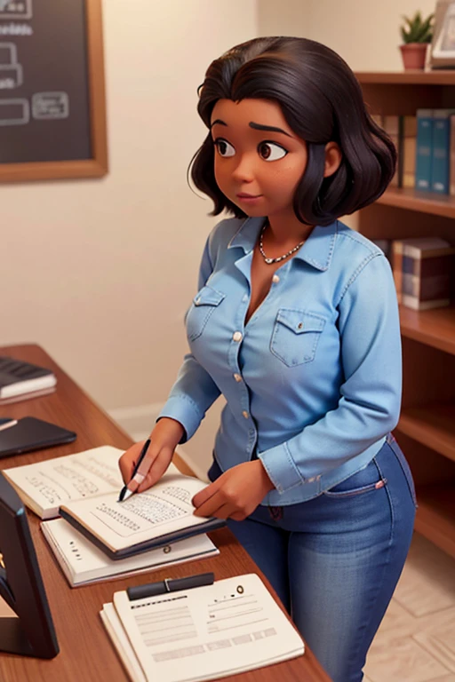 Imagem de uma mulher de 50 anos, cabelo comprido preto e pele morena, gorda, wearing jeans, dress shirt standing in a college office taking notes to represent the identification of the types of documents needed she must be looking at the file folders, a imagem do arquivo deve aparecer