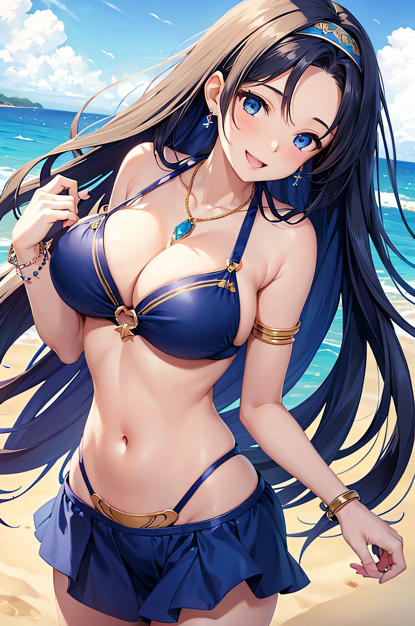 highest quality、Best image quality、masterpiece、beautiful girl、Navy blue long hair、blue eyes、Navy Blue Bikini、Big cleavage、(Big Breasts)、smile、blue necklace、Blue Earrings、background(Beach)、Sexy pose、Please open your mouth wide、White headband、Dynamic Angle、bracelet