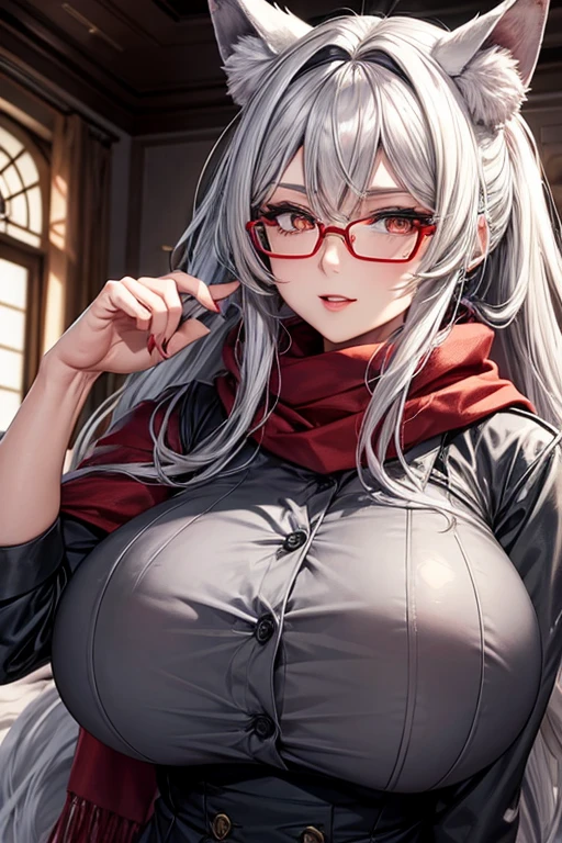 Mommy wolf silver gray hair with very big and huge breasts in a uniform with a red scarf and glasses very beautiful and very detailed