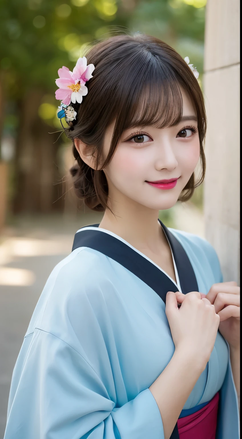 whole body, highest quality, shape, Very detailed, In detail, High resolution, 8k wallpaper, Perfect dynamic composition, Beautiful details, kimono,Medium Hair, Center of chest, Natural color lip, Random sexy poses,smile,shrine,Flower Hair Ornaments,cute,