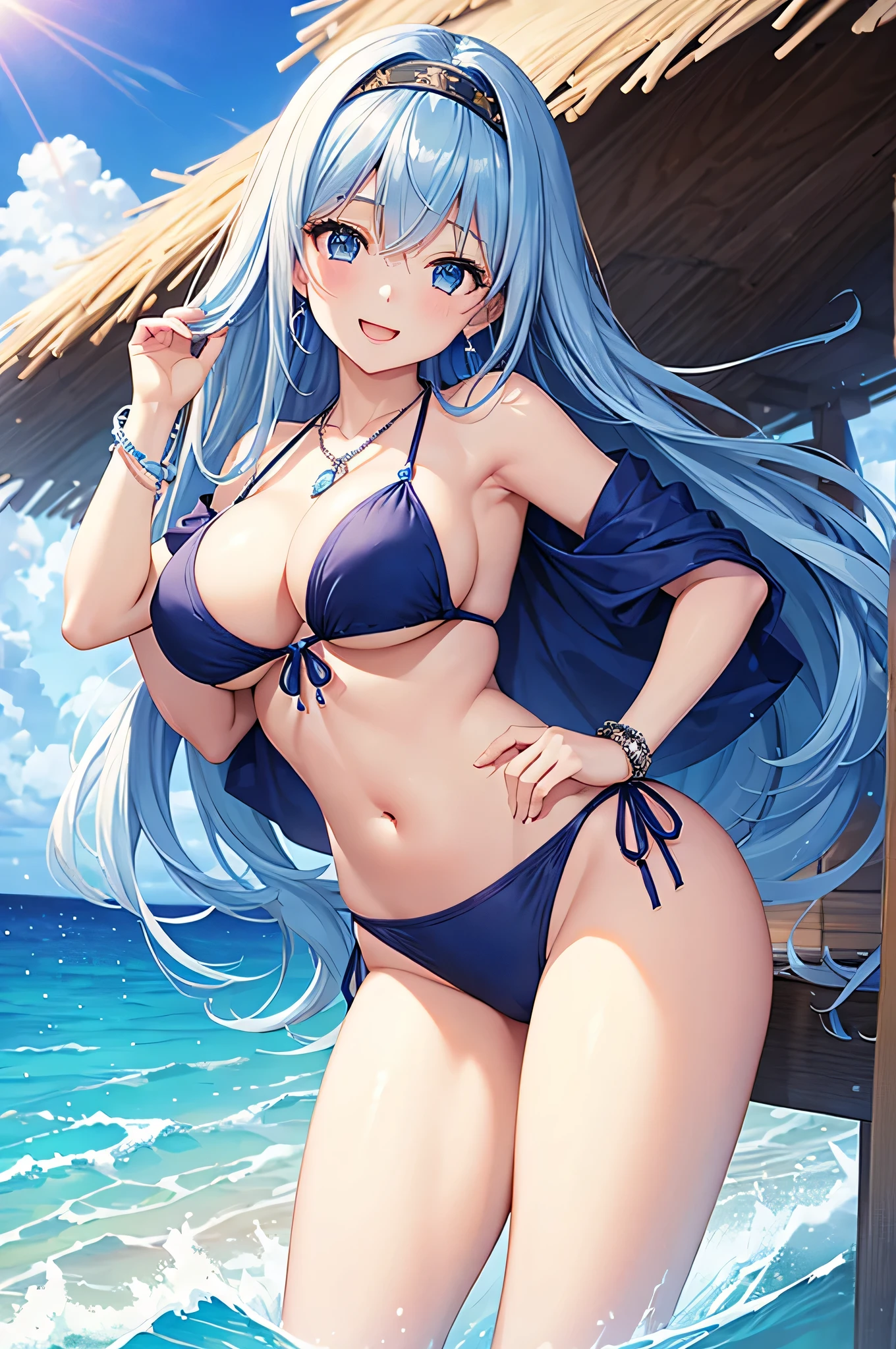 highest quality、Best image quality、masterpiece、beautiful girl、Navy blue long hair、blue eyes、Navy Blue Bikini、Big cleavage、(Big Breasts)、smile、blue necklace、Blue Earrings、background(Beach)、Sexy pose、Please open your mouth wide、White headband、Dynamic Angle、bracelet