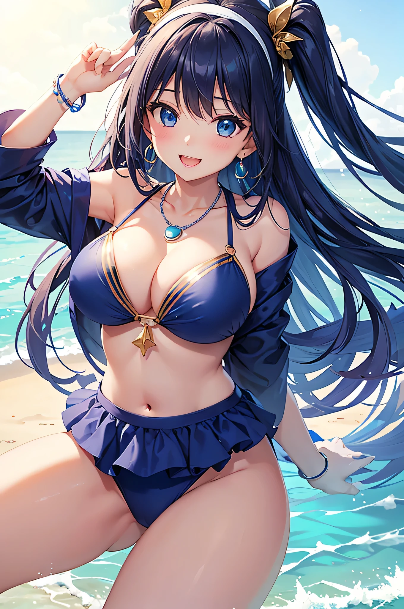 highest quality、Best image quality、masterpiece、beautiful girl、Navy blue long hair、blue eyes、Navy Blue Bikini、Big cleavage、(Big Breasts)、smile、blue necklace、Blue Earrings、background(Beach)、Sexy pose、Please open your mouth wide、White headband、Dynamic Angle、bracelet