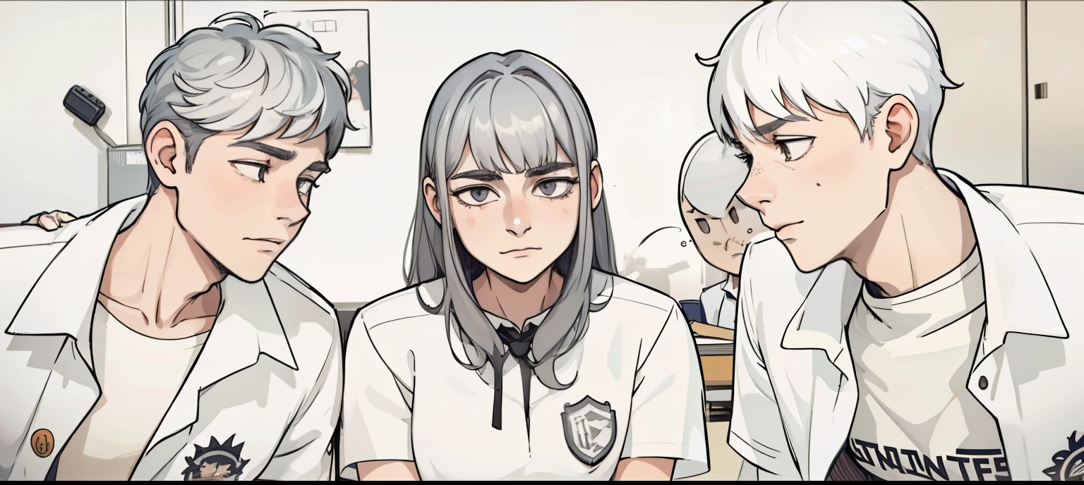 There is a girl and two  boys who are at school, their hair is gray.