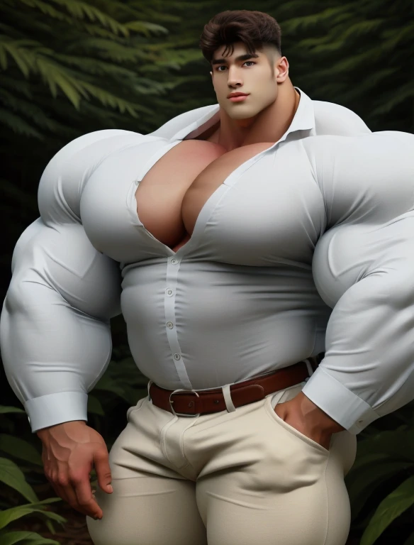 1 boy, giant, model shoot style, looking at viewer, standing, illuminating light, outdoor, strong body, bulk, large size, standing, sunmer, in the forest, wear white shirt & pants, meaty bulge, big, brutalmass, giant, muscular body, bulk, massive body, squishy, large meaty body size