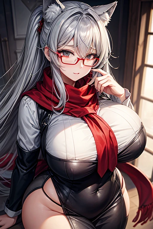 Mommy wolf silver gray hair with very big and huge breasts in a uniform with a red scarf and glasses very beautiful and very detailed
