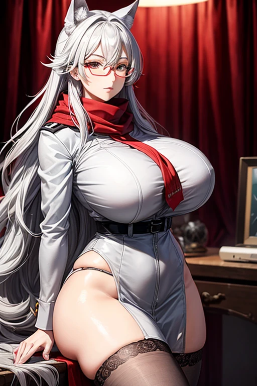 Mommy wolf silver gray hair with very big and huge breasts in a uniform with a red scarf and glasses very beautiful and very detailed