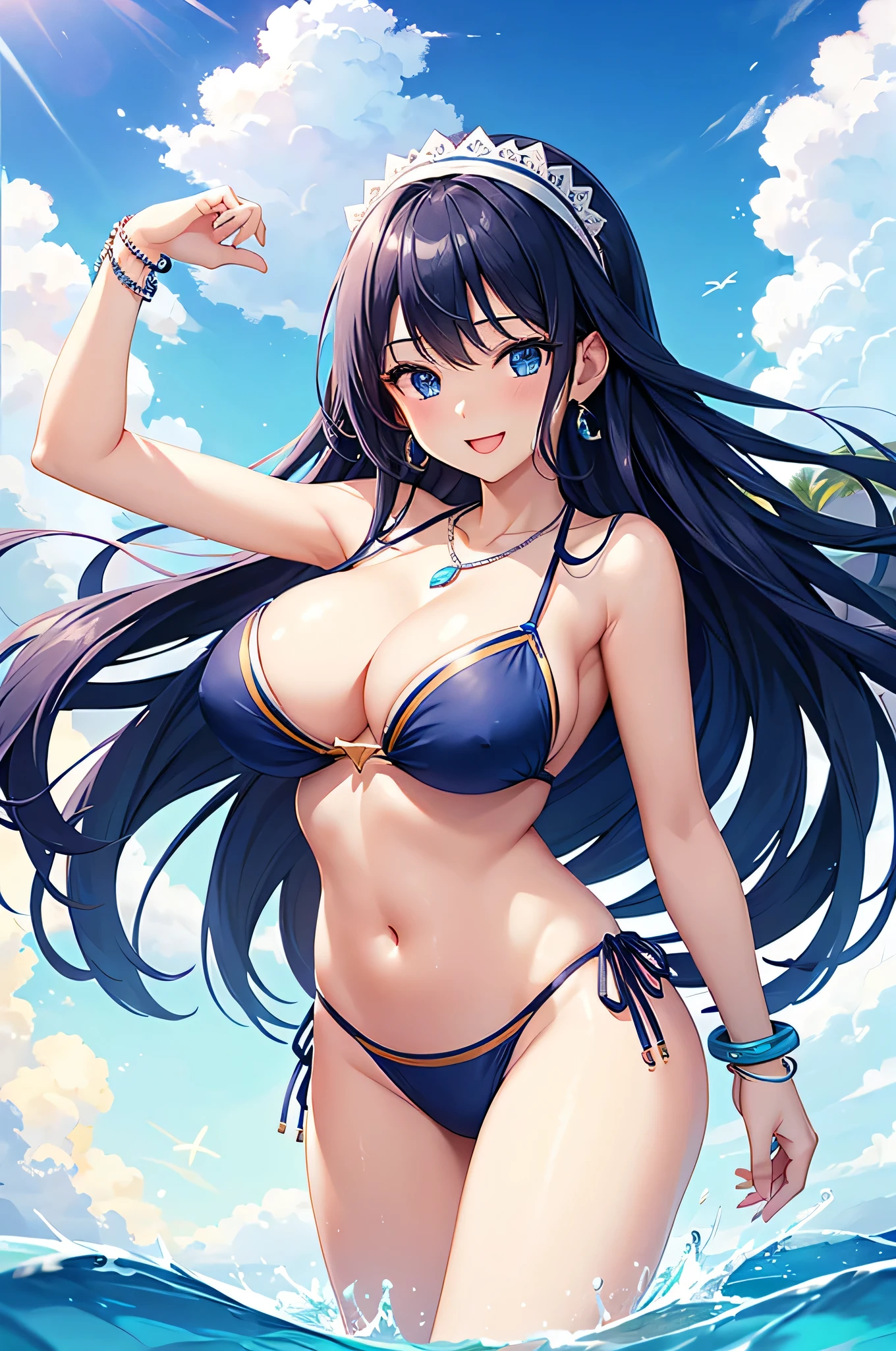 highest quality、Best image quality、masterpiece、beautiful girl、Navy blue long hair、blue eyes、Navy Blue Bikini、Big cleavage、(Big Breasts)、smile、blue necklace、Blue Earrings、background(Beach)、Sexy pose、Please open your mouth wide、White headband、Dynamic Angle、bracelet