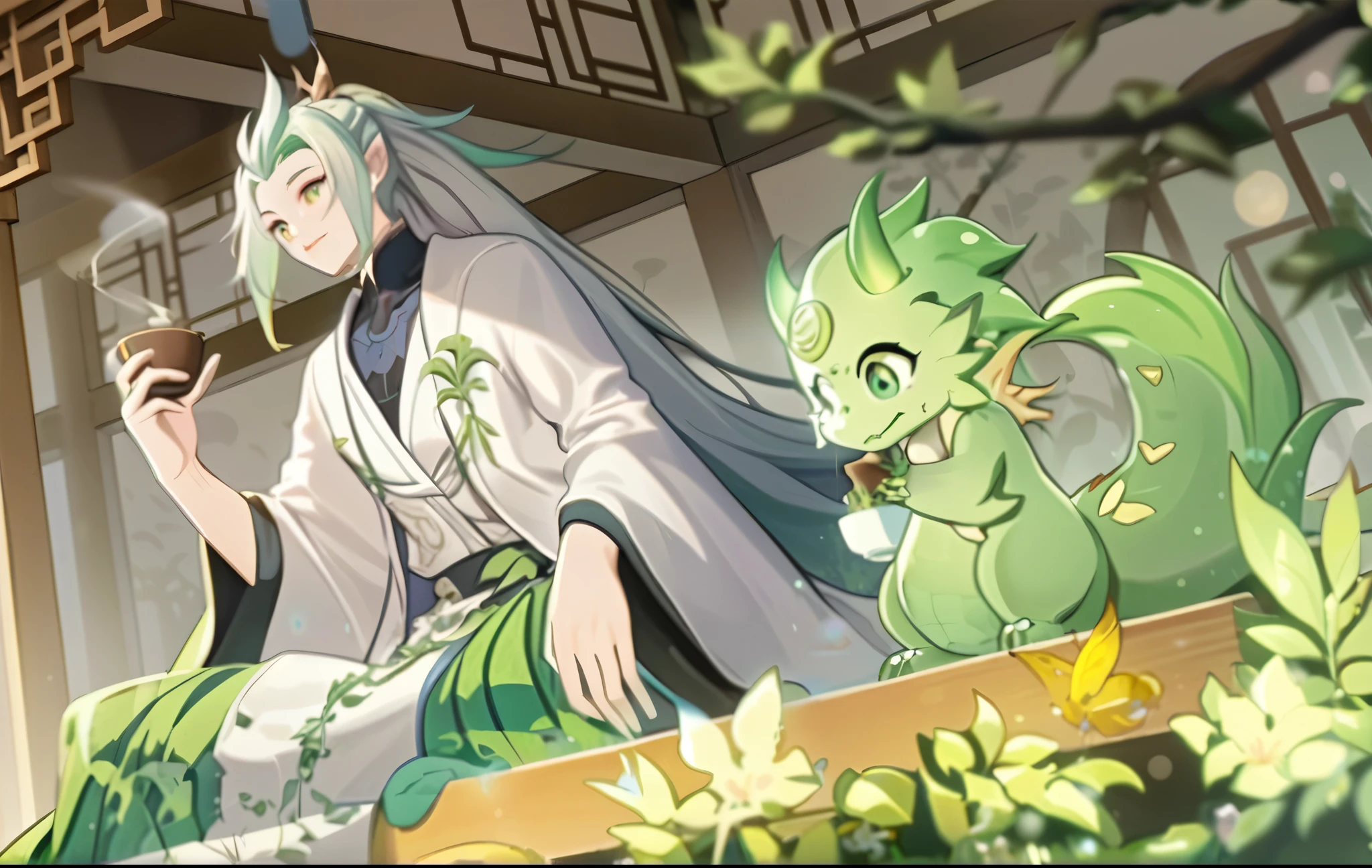 best quality,anime style,woman sitting on a balcony,dragon beside her,woman with white and green hair,wearing a white robe,holding a teacup,lush greenery in the background,peaceful atmosphere,soft lighting,beautifully detailed eyes,delicate facial features,long eyelashes,vibrant colors