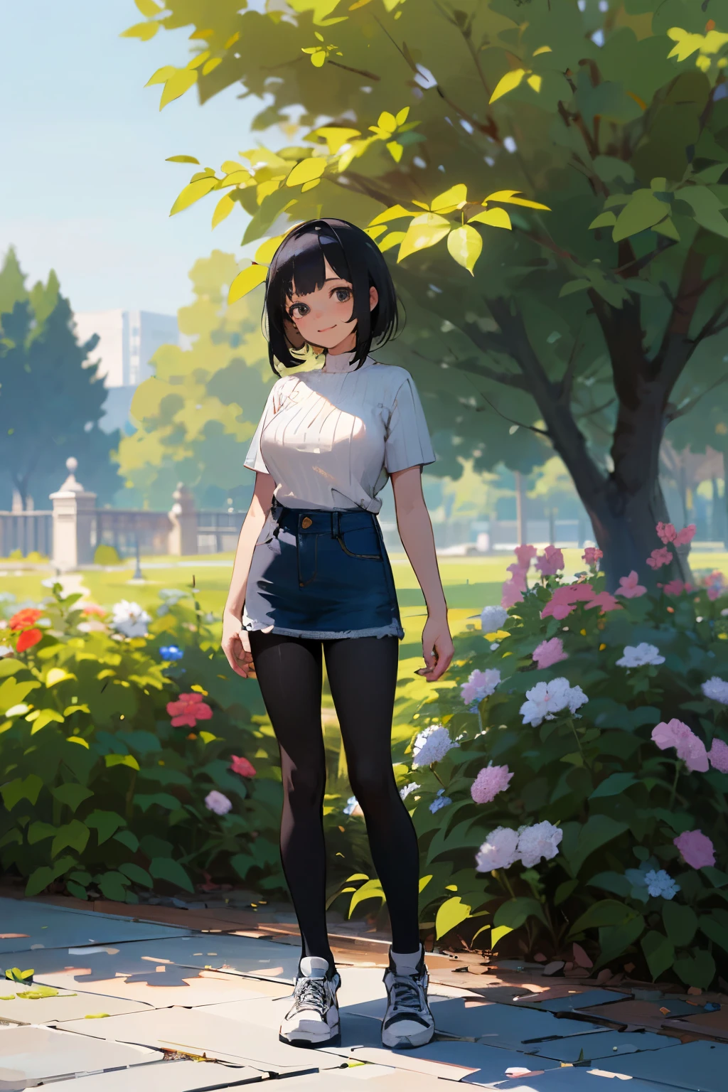 (high quality, High resolution, Very detailed, reality:1.37), Peaceful atmosphere, (Outdoor, garden),  girl standing alone, (my breasts are big.), Beautiful details, Cute Smile, (Black bob hair), Short sleeve ribbed sweater, Denim skirt, Black tights, sneakers.