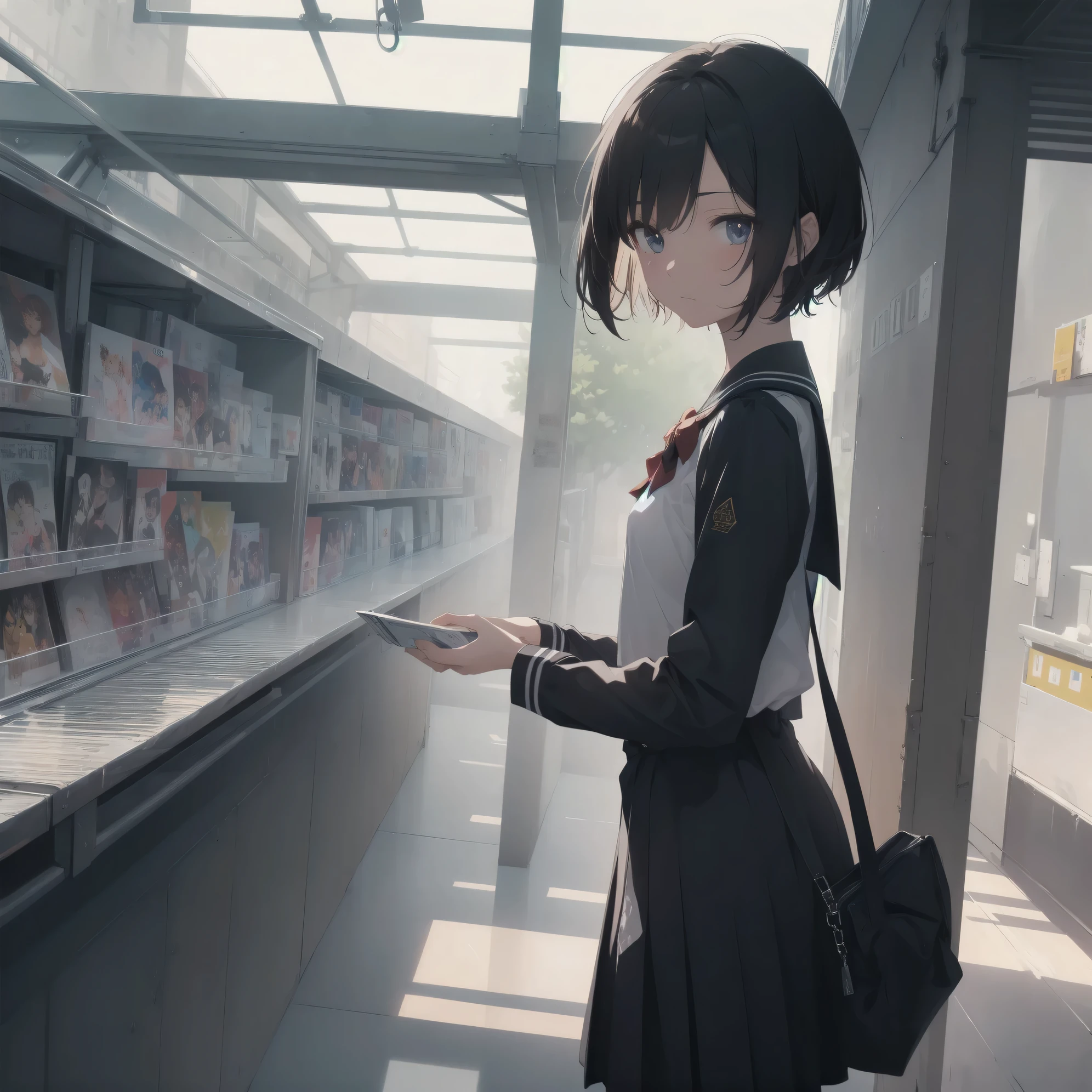 ultra-absurdres-Top quality by artist God, ultra-detailed, high resolution, anime moe artstyle, best anime 8k konachan wallpaper, pixiv contest winner, pool:2810, perfect anatomy,break, 1girl, (Please draw a girl walking sleepily to school alone. )break,(Solo,little female, 13-year-old:1.3),Full limbs, complete fingers,a junior high school student, (very short hair), short cut, flat chest, , small butt, small black eyes, beautiful detailed eyes, well-proportioned iris and pupils, expressive eyes, highres detailed hair, soft expression, salor school_uniform, sailor collar, serahuku, bow, pleated skirt,(Detailed Lighting), (Detailed background), in the School commute route. break,super detailed skin, Best cinematic lighting powered by famous artist, 8k,beauty illustration,photoshop_(medium),very aesthetic,break,((artist:kani biimu )), artist:clamp ,artist:carnelian ,artist:kantoku ,