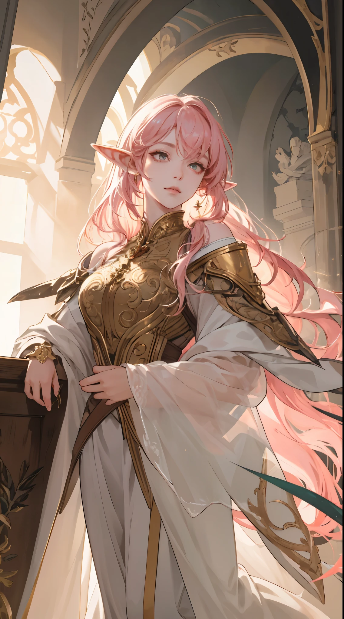 full shot ,full body (Extremely Delicate and Beautiful:1.2), 8K ,elf ears,(Masterpiece:1.0),(best_quality:1.0), 1girl, mature woman, complex details, enlarged textures, complex details, finely detailed eyes and detailed face, intricate details, pink hair, (closed mouth), perfect eyes, equal eyes, (goddess), perfect body, extremely detailed,golden eyes

