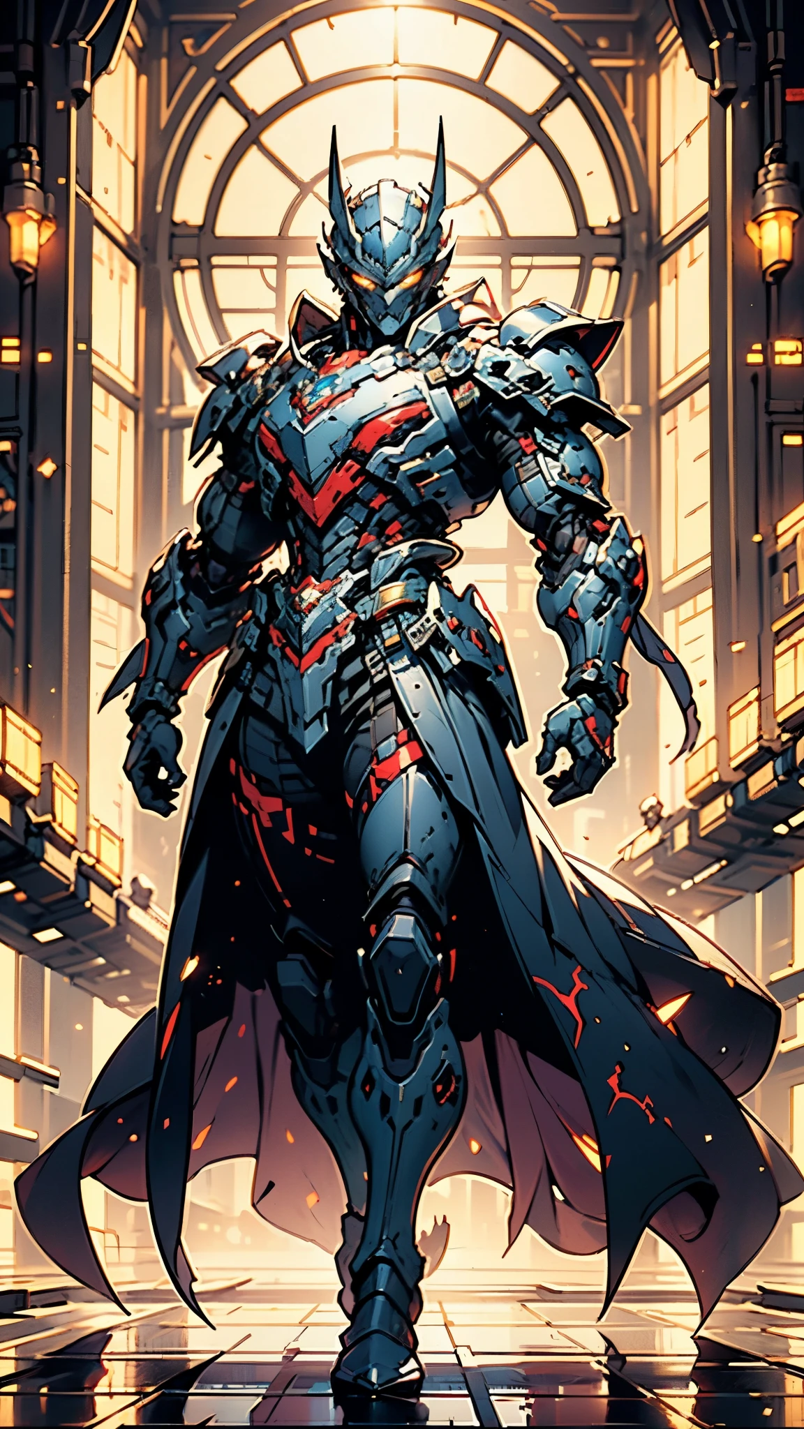 A man wearing a full-face helmet, a fantasy-style biotech armored combat suit, green eyes, (a composite layered chest armor), fully enclosed shoulder guards, matching arm and leg guards, the belt is adorned with fangs biting into orbs, (the color scheme is primarily black with red accents), the design balances heavy with agility, a high-tech bio-mecha armor, (Bat concept Armor, stand on the top of a skyscraper in a futuristic sci-fi city), this character embodies a finely crafted fantasy-surreal style armored hero in anime style, exquisite and mature manga art style, (element, plasma, energy, the armor glows), ((male:1.5)), metallic, real texture material, dramatic, high definition, best quality, highres, ultra-detailed, ultra-fine painting, extremely delicate, professional, perfect body proportions, golden ratio, anatomically correct, symmetrical face, extremely detailed eyes and face, high quality eyes, creativity, RAW photo, UHD, 32k, Natural light, cinematic lighting, masterpiece-anatomy-perfect, masterpiece:1.5