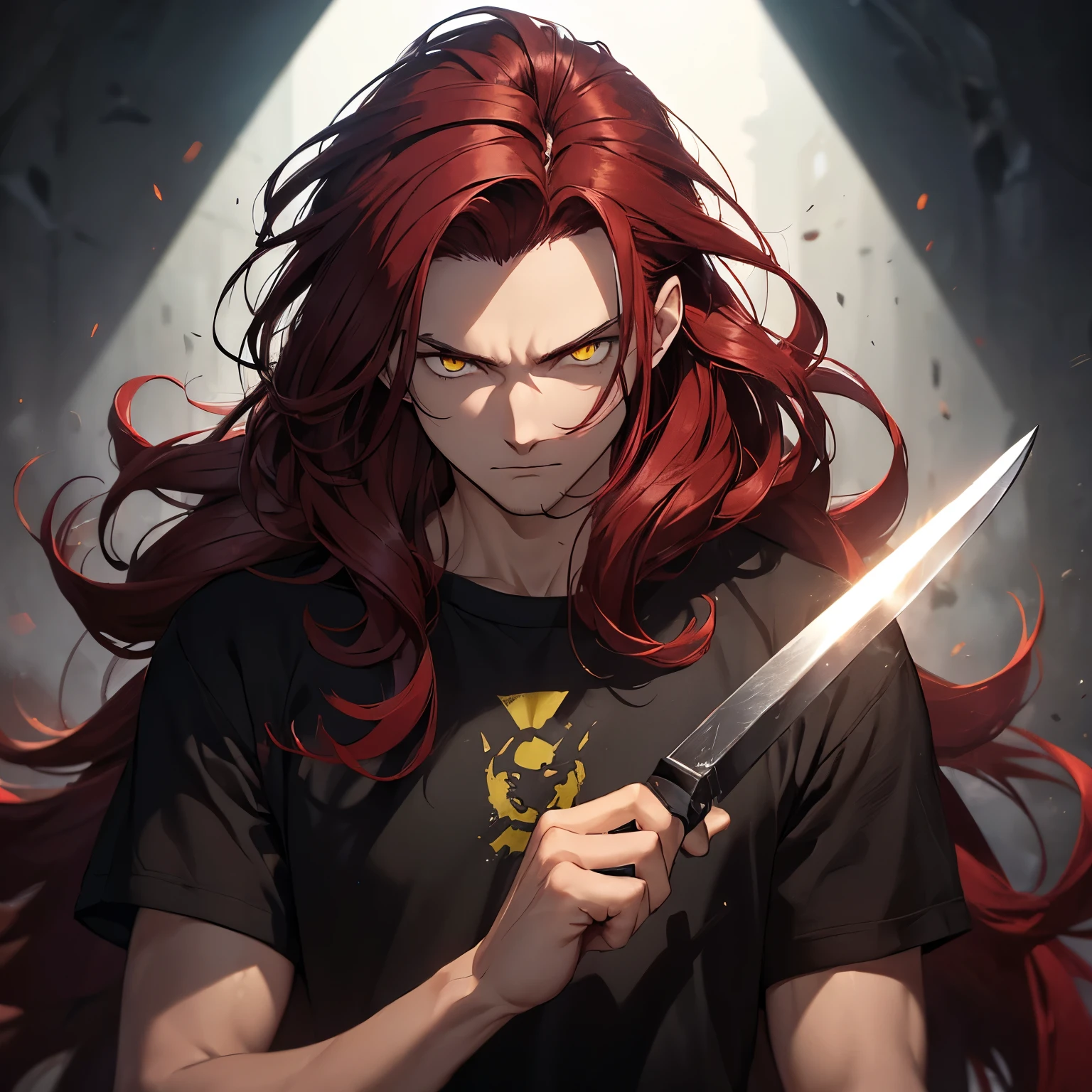 ((Man)), ((dark red hair)), ((messy combed back hairstyle)), long hair, (yellow eyes)), black shirt, defined body, glowing eyes, dark background, knifes in hands