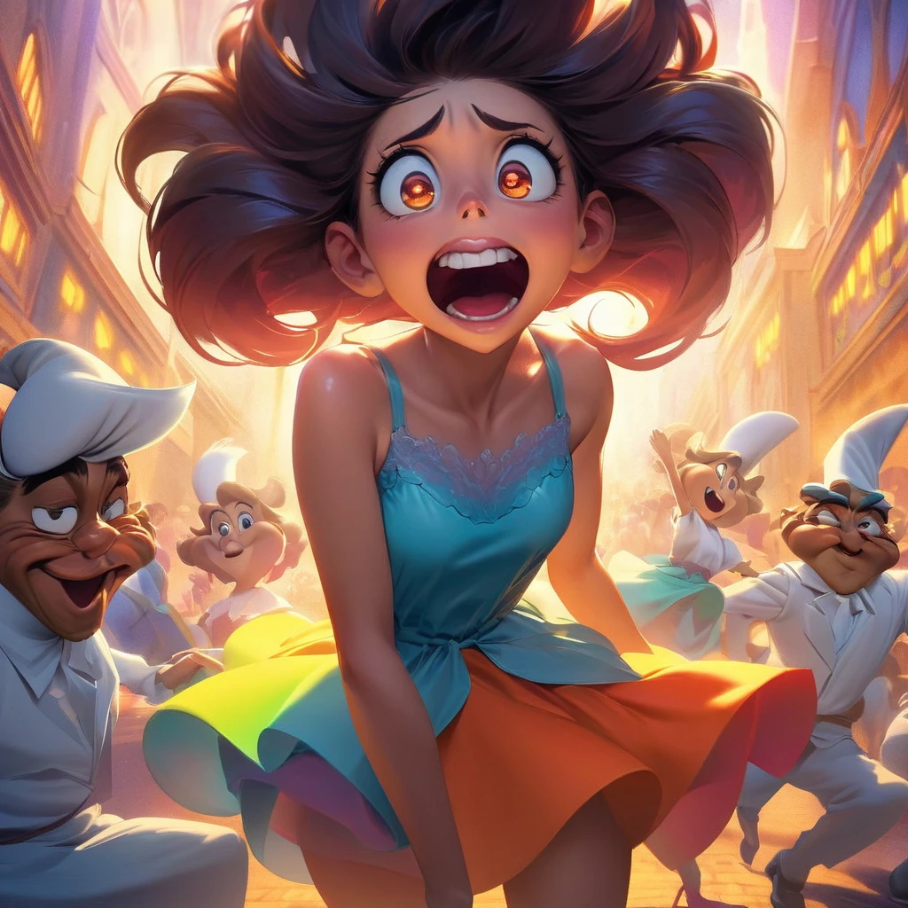 (best quality,4k,highres,masterpiece:1.2),ultra-detailed,(realistic:1.37) A woman with comically exaggerated features, dressed in sexy lingerie, is chasing a scared man. The woman has an ugly face with extremely detailed features, such as huge lips and small eyes. She also has saggy breasts, adding to the exaggerated appearance. The man is clearly terrified, depicted through his facial expression and body language. The scene is set in a dynamic and humorous style, reminiscent of the loney Tunes cartoons. The color palette is vibrant and playful, with bold and vivid colors. The lighting is bright and lively, illuminating the characters and emphasizing the comical atmosphere of the scene.