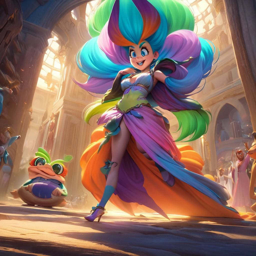 (best quality,4k,highres,masterpiece:1.2),ultra-detailed,(realistic:1.37) A woman with comically exaggerated features, dressed in sexy lingerie, is chasing a scared man. The woman has an ugly face with extremely detailed features, such as huge lips and small eyes. She also has saggy breasts, adding to the exaggerated appearance. The man is clearly terrified, depicted through his facial expression and body language. The scene is set in a dynamic and humorous style, reminiscent of the loney Tunes cartoons. The color palette is vibrant and playful, with bold and vivid colors. The lighting is bright and lively, illuminating the characters and emphasizing the comical atmosphere of the scene.