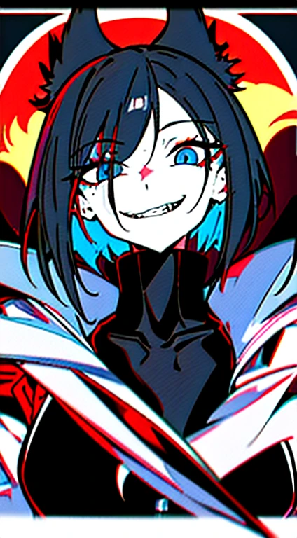 1girl, short_rebellious_hairblue_hair, hair tips to the side, blue_eyes, scary_eyes, short_hair, scary_smile, Evil smile_sharp_wild teeth, VERY SHARP TEETH IN A DISTURBED AND EVIL SMILE, soulless_black_eyes, looking_at_vi ewer, holding, shirt, pant, animal_ears, blue_ ears, wolf_woman, blue_tail, body_perfect, Milf_body, female_body_muscular, scar_on_thighs, scar_on_the abdomen,assassin's creed:hunter_outfit_black