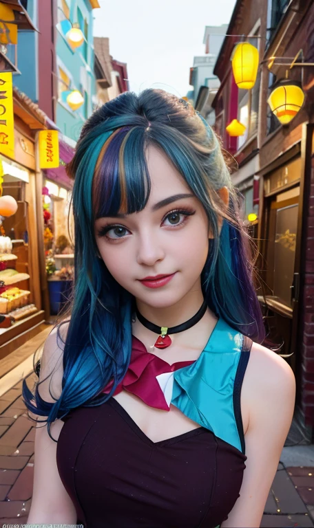 Photo oF a 18 year-old American girl, .CRUDO, beautiFul woman  , cabello largo color azul turqueza ((retrato)), ((Cara detallada:1.2)), ((Detailed Facial Features)), (Piel Finamente detallada) , ojos color.azul , 、un sexy(color fresco), wet, wet, ReFlectoreasutepiece) (proporciones perFectaotos realistas)(La mejor calidad) (Detallado) FotograFiado con una EOS R5 de Canon, lente de 50 mm, F/2.8, NFFSW, (8K) (papel tapiz) (cinematic lighting) (dramatic lighting) (sharp Focus) (Enrevesado) senos grandes , pechos grandes , cuerpo completo , hermoso cuerpo de adolesente  ,lindo maquillaje , gran sonrisa , labios rojos. Mlp , Sonata Dusk  , foto dinamica , pose sexy , centro comercial , noche , sonrisa presumida , ropa morada , brazalentes con puas , cabello largo color azul turqueza con mechas color morado, cuerpo completo , foto de cuerpo completo , my little pony Equestria girls , tiene un collar con un rubi , ropa de pelicula my little pony Rainbow rocks