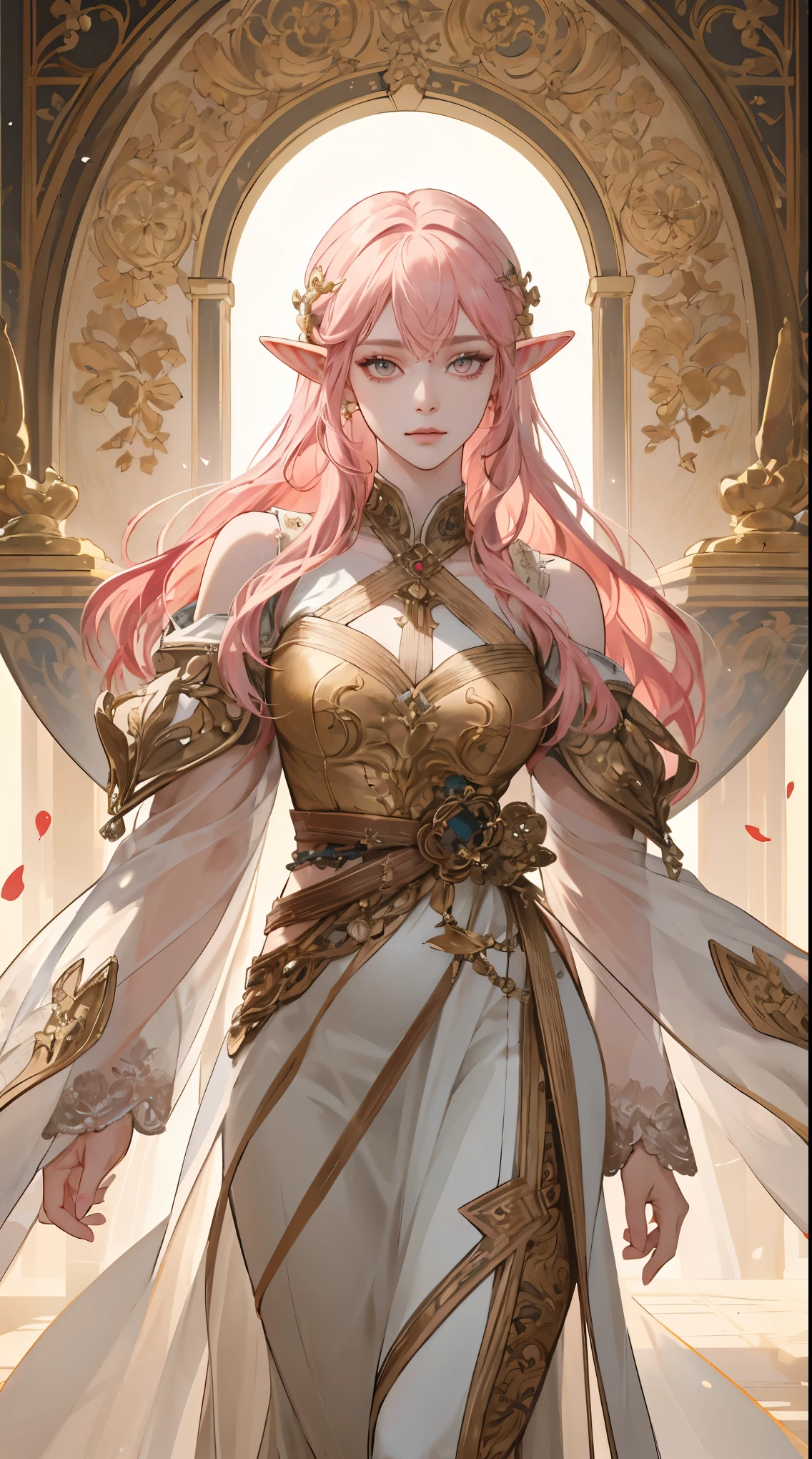 full shot ,full body (Extremely Delicate and Beautiful:1.2), 8K ,elf ears,(Masterpiece:1.0),(best_quality:1.0), 1girl, mature woman, complex details, enlarged textures, complex details, finely detailed eyes and detailed face, intricate details, pink hair, (closed mouth), perfect eyes, equal eyes, (goddess), perfect body, extremely detailed,golden eyes