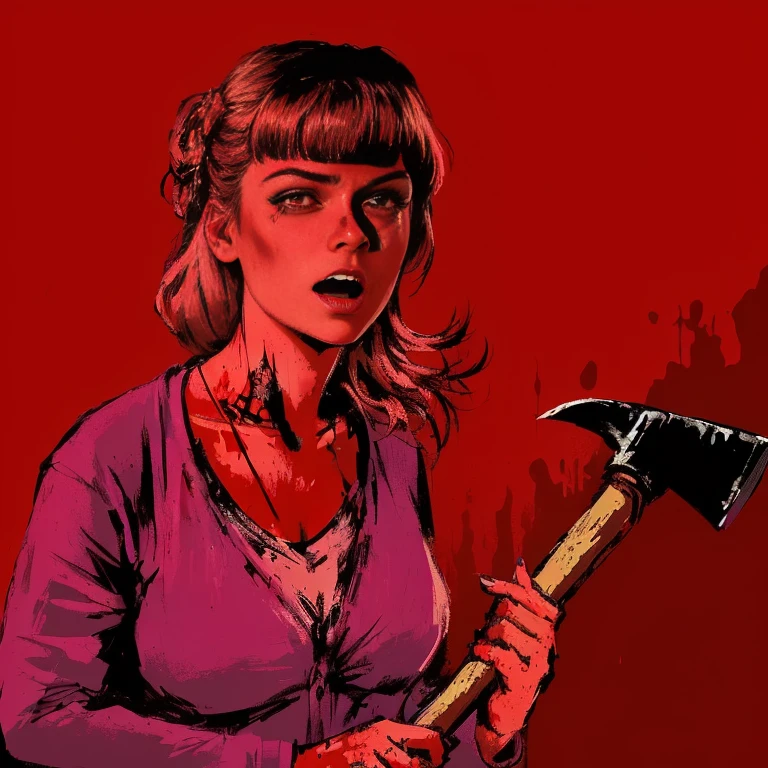 Close-up of a woman holding an axe in her hand with a terrified expression, clean from a horror movie scene, With an ax, Horror illustration, laura palmer, From horror films, From the Twin Peaks scene, Inspired by Ruth Deckard, Evil Woman, With an ax, ( Art Fitzpatrick ), Horror Movie Slasher, From the Twin Peaks scene, From Hotline Miami, evil dead