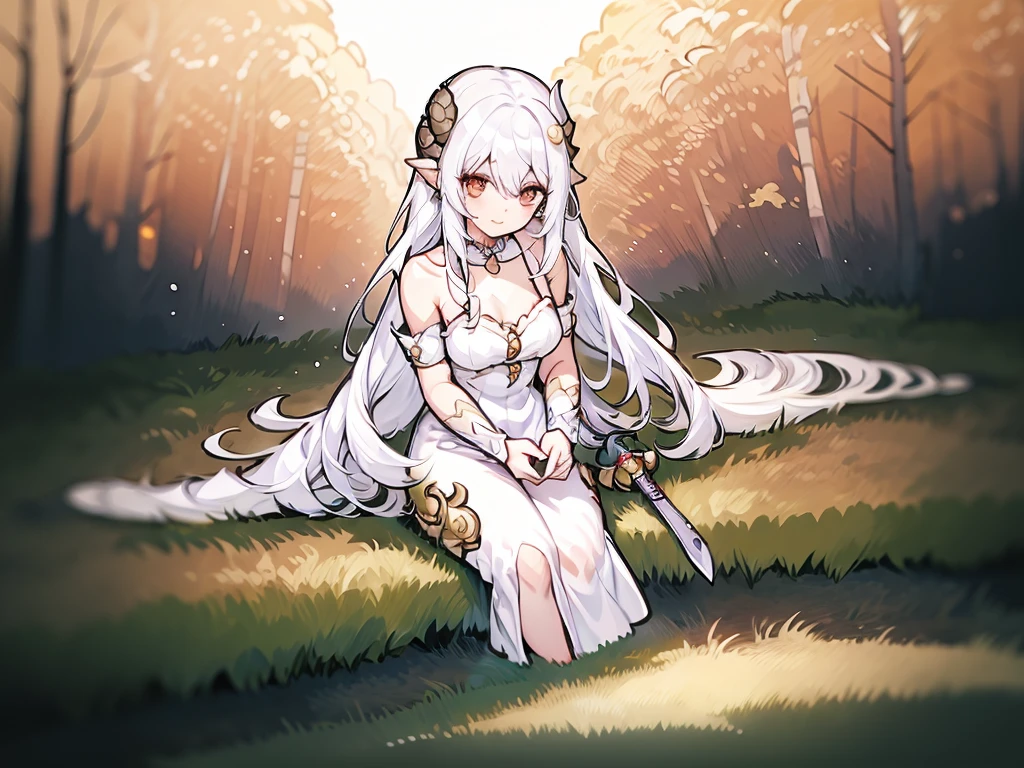 ((masterpiece)), ((bestquality)), (ultra-detailed), 1 girl, white hair, red eyes, W sitting, detailed face, smile, dragonian_head, dragonian_body, dragonian_hairstyle, dragonian_horns, dragonian_tail, white tail, white long dress, white tights, black choker, silver circlet, hammer on the ground, grassland, mountain, creek, clear line, in the middle of picture, beatiful nature background