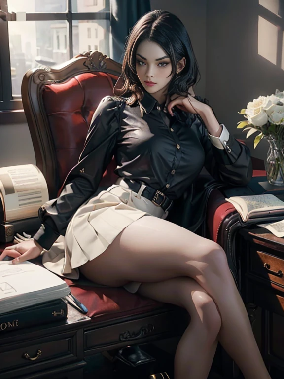 A mature woman with a secretary outfit in a professional office environment, sitting at a sleek desk. She has beautiful, detailed eyes and lips. The office is well-lit with natural light coming from a large window. The woman is holding a stack of important documents and she is focused, with an air of confidence and determination. Her outfit consists of a crisp white blouse, a fitted black short skirt, and high heels. The room is decorated with modern artwork and plants. The overall color tone is vibrant with a touch of sophistication. The image quality is of the highest standard, with ultra-detailed textures and sharp focus. The style of the artwork is a combination of a realistic portrait and concept art. The lighting creates a sense of depth and dimension, emphasizing the woman's features and creating an atmosphere of professionalism and success.