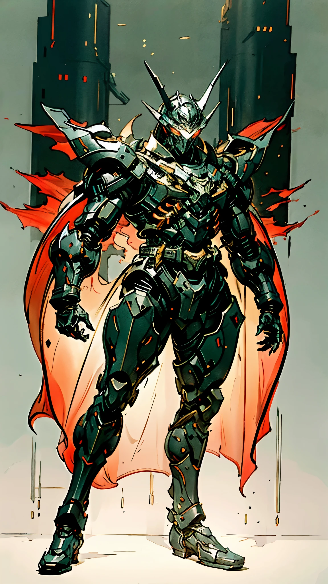 A man wearing a full-face helmet, a fantasy-style biotech armored combat suit, green eyes, (a composite layered chest armor), fully enclosed shoulder guards, matching arm and leg guards, the belt is adorned with fangs biting into orbs, (the color scheme is primarily black with red accents), the design balances heavy with agility, a high-tech bio-mecha armor, (Bat concept Armor, stand on the top of a skyscraper in a futuristic sci-fi city), this character embodies a finely crafted fantasy-surreal style armored hero in anime style, exquisite and mature manga art style, (element, plasma, energy, the armor glows), ((male:1.5)), metallic, real texture material, dramatic, high definition, best quality, highres, ultra-detailed, ultra-fine painting, extremely delicate, professional, perfect body proportions, golden ratio, anatomically correct, symmetrical face, extremely detailed eyes and face, high quality eyes, creativity, RAW photo, UHD, 32k, Natural light, cinematic lighting, masterpiece-anatomy-perfect, masterpiece:1.5