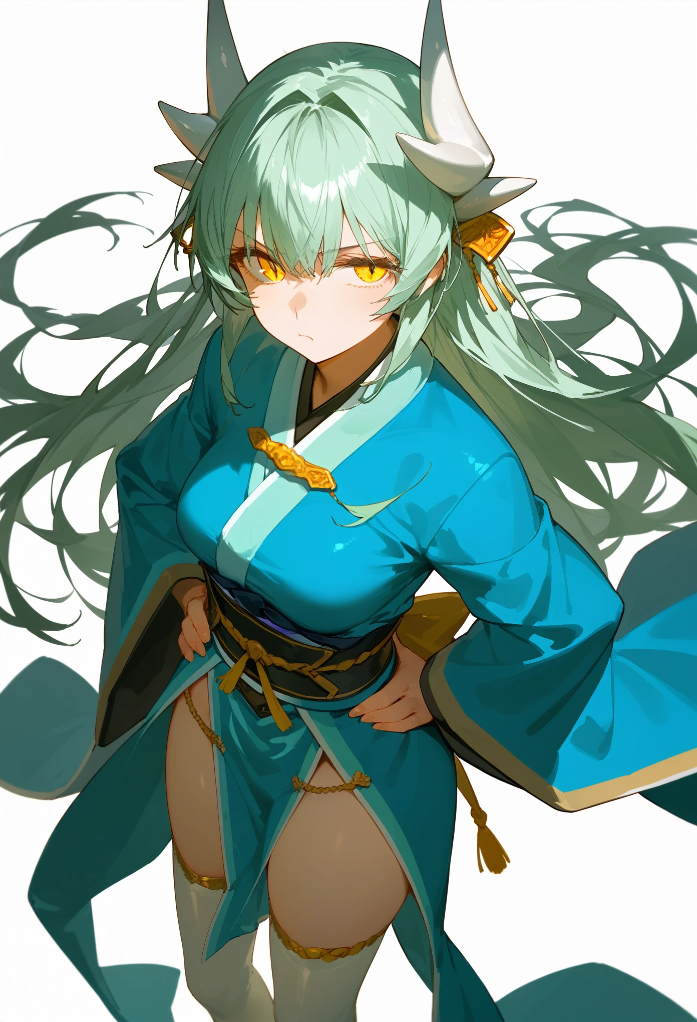 score_9, score_8_up, score_7_up, 1girl, solo, kiyober1st, green hair, long hair, yellow eyes, slit pupils, beautiful eyes, horns, white horns, medium breasts, hair ornament, blue kimono, wide sleeves, white thighhighs, pelvic curtain, standing, hand on hip, looking at viewer, neutral, serious, standing, upper body, from above, white background, simple background