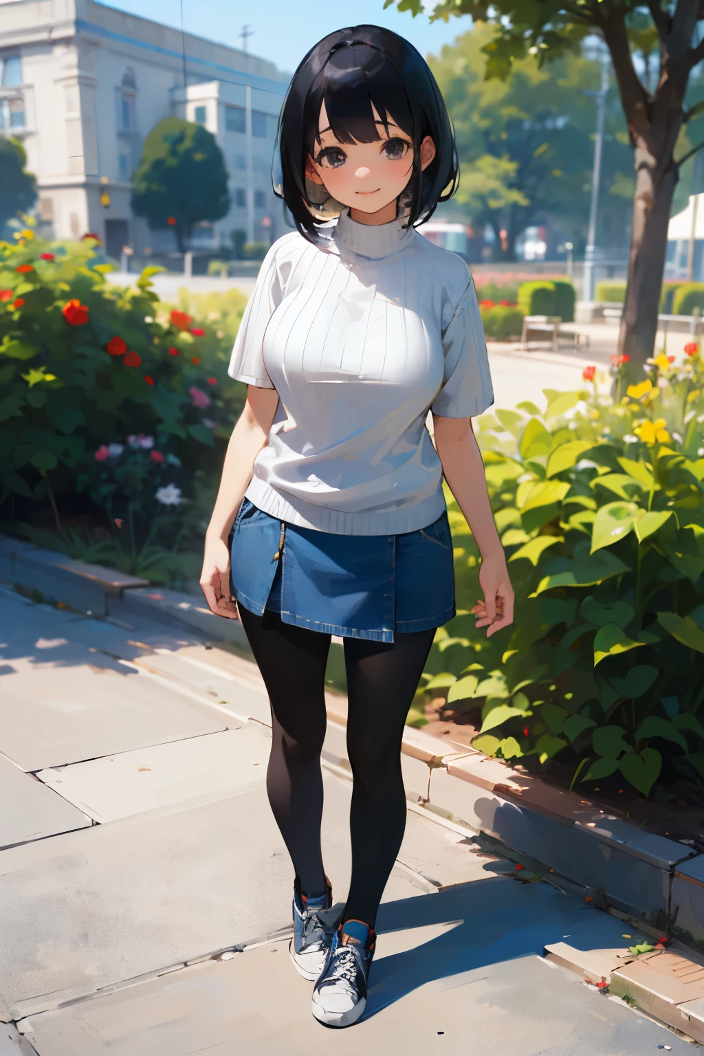 (high quality, High resolution, Very detailed, reality:1.37), Peaceful atmosphere, (Outdoor, garden), Teenage girl standing alone, (my breasts are big.), Beautiful details, Cute Smile, (Black bob hair), Short sleeve ribbed sweater, Denim skirt, Black tights, sneakers.