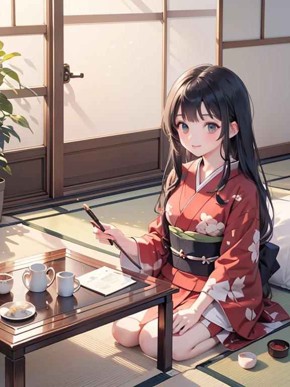 (8k, highest quality, Tabletop:1.2)、One 14-year-old girl, Detailed face, black eye, Black Hair, Long Hair, Kasuri kimono, Kimono based on red, Japanese-style room, Tatami room, Sliding doors, hanging scroll, Japanese cushion, seiza, calligraphy, Holding a brush