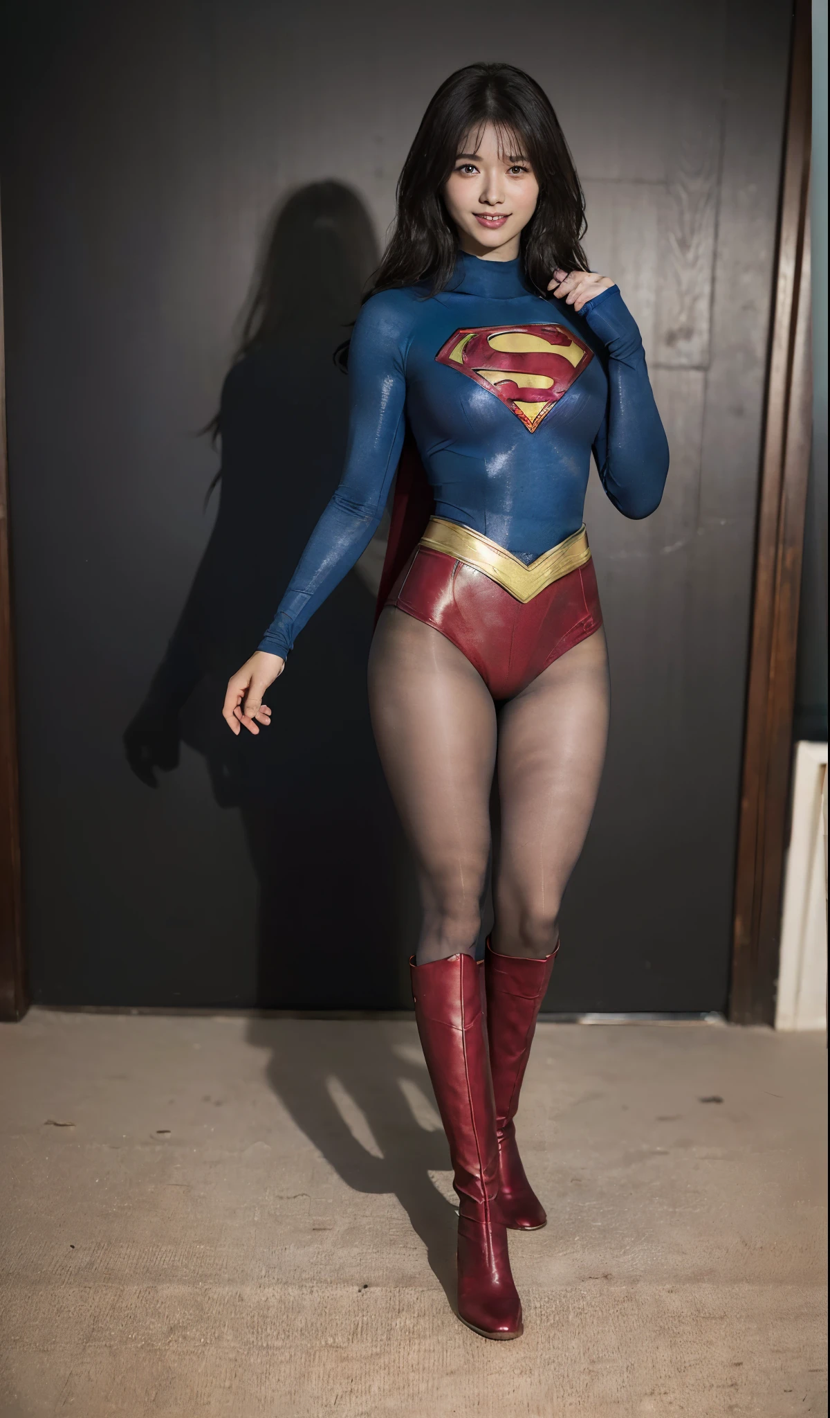 No background、(((Beautiful legs in black tights.)))、(((Legally express the beauty of your smile)))、((((Make the most of your original images)))、(((Supergirl Costume)))、(((ボディにフィットしたSupergirl Costume)))、(((Beautiful Hair)))、(((Smiles and winks)))、(((Please wear black tights....、Wear red boots)))、((Best image quality、8k))、((highest quality、8k、masterpiece:1.3))、(((Preserve background )))、Sharp focus:1.2、Beautiful woman with perfect figure:1.4、Slim Abs:1.2、Wet body:1.5、Highly detailed face and skin texture、8k